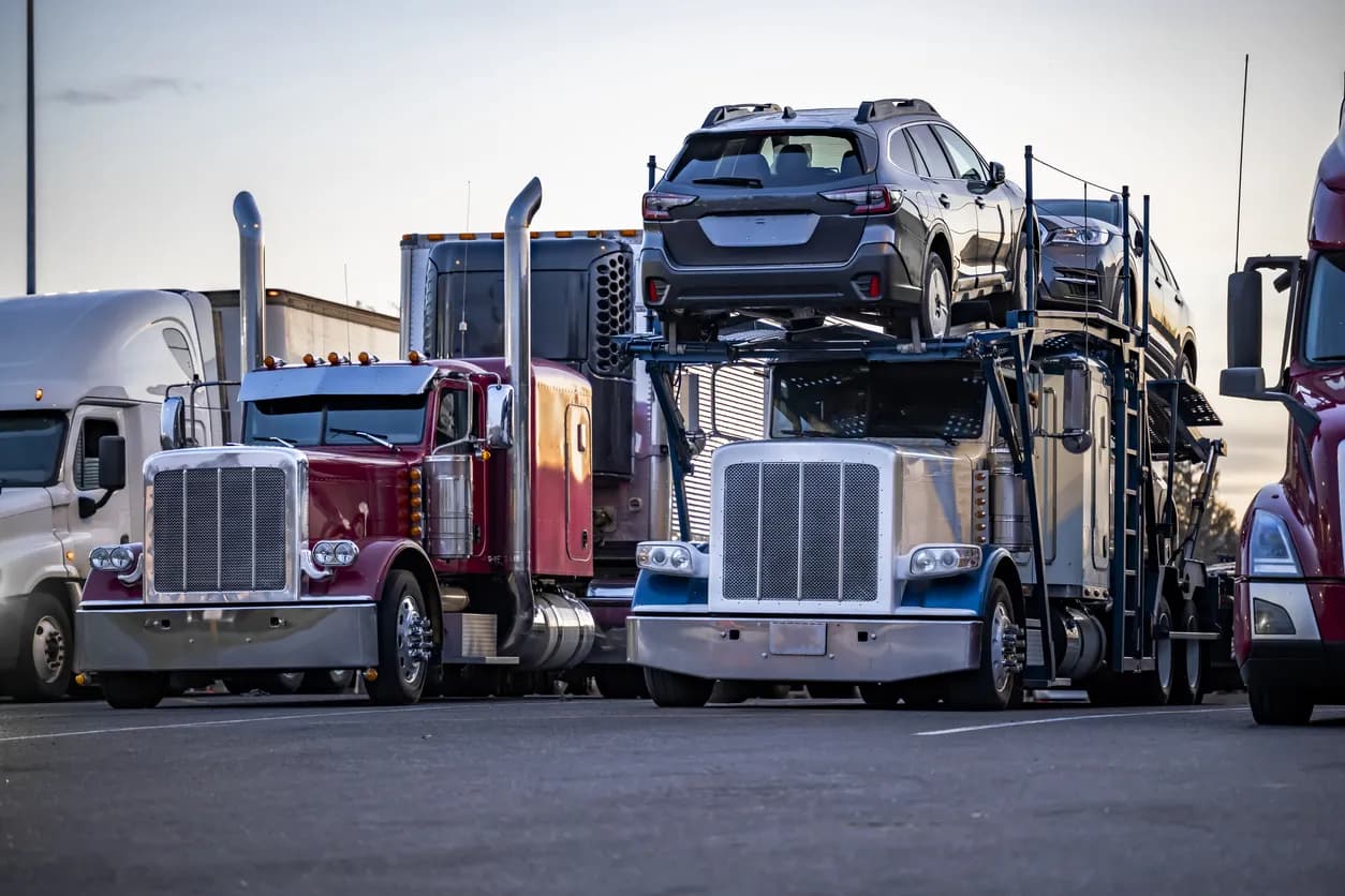 Car transporter truck transporting vehicles on highway - Arkansas auto transport