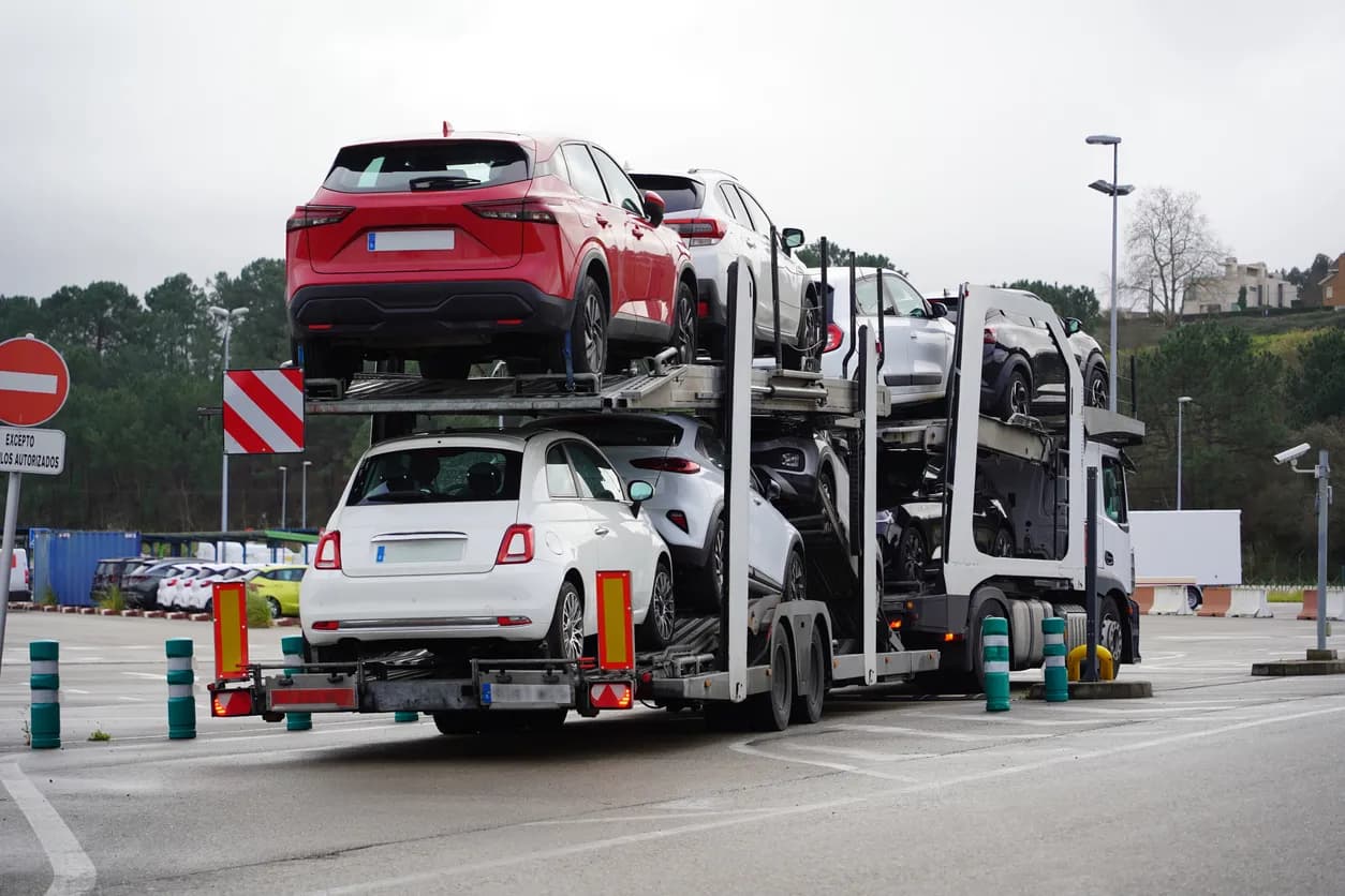 Car transporter truck transporting vehicles on highway - Louisiana auto transport