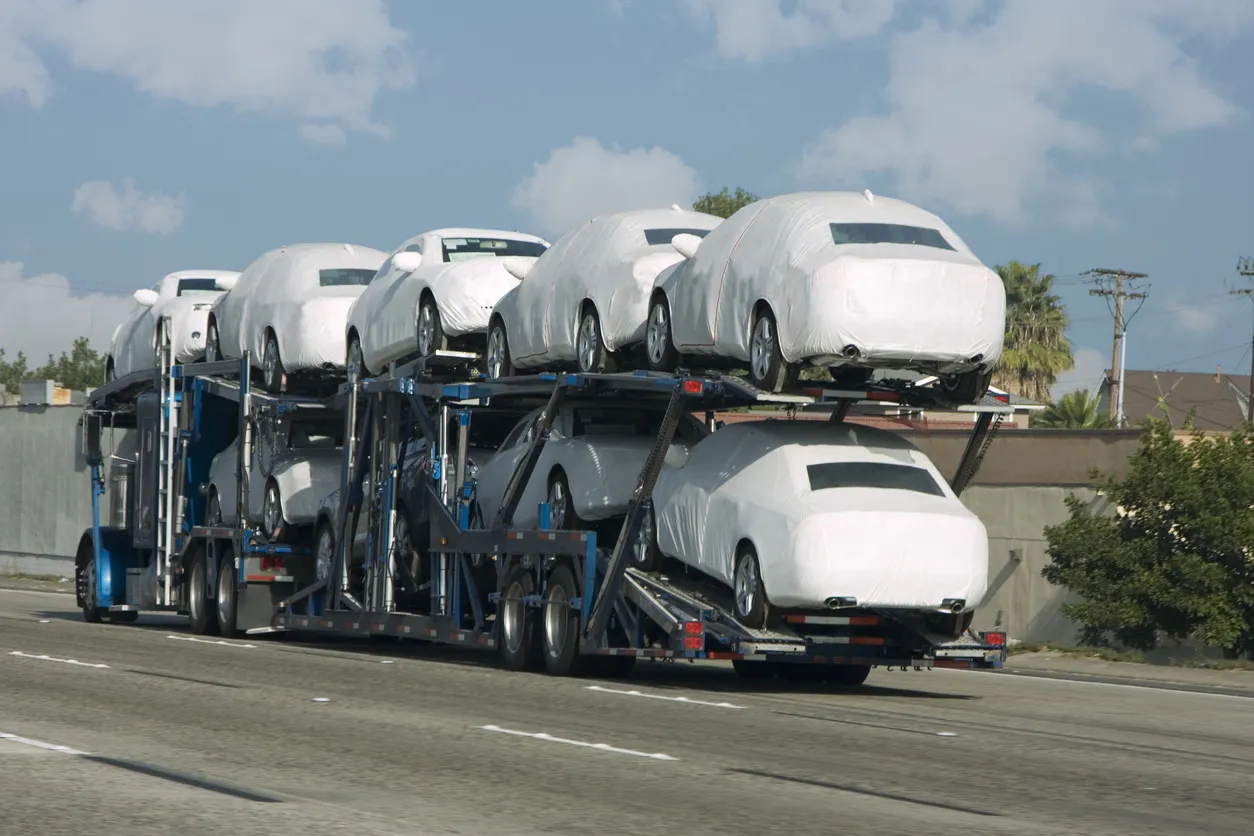 Car transporter truck transporting vehicles in Nevada