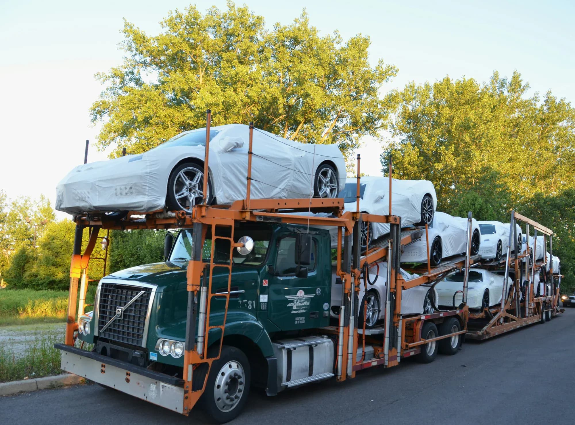 Car transporter truck transporting vehicles in Wyoming