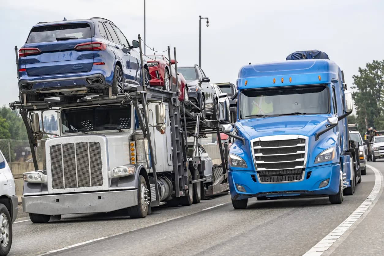 Car transporter truck transporting vehicles on highway - Hawaii auto transport