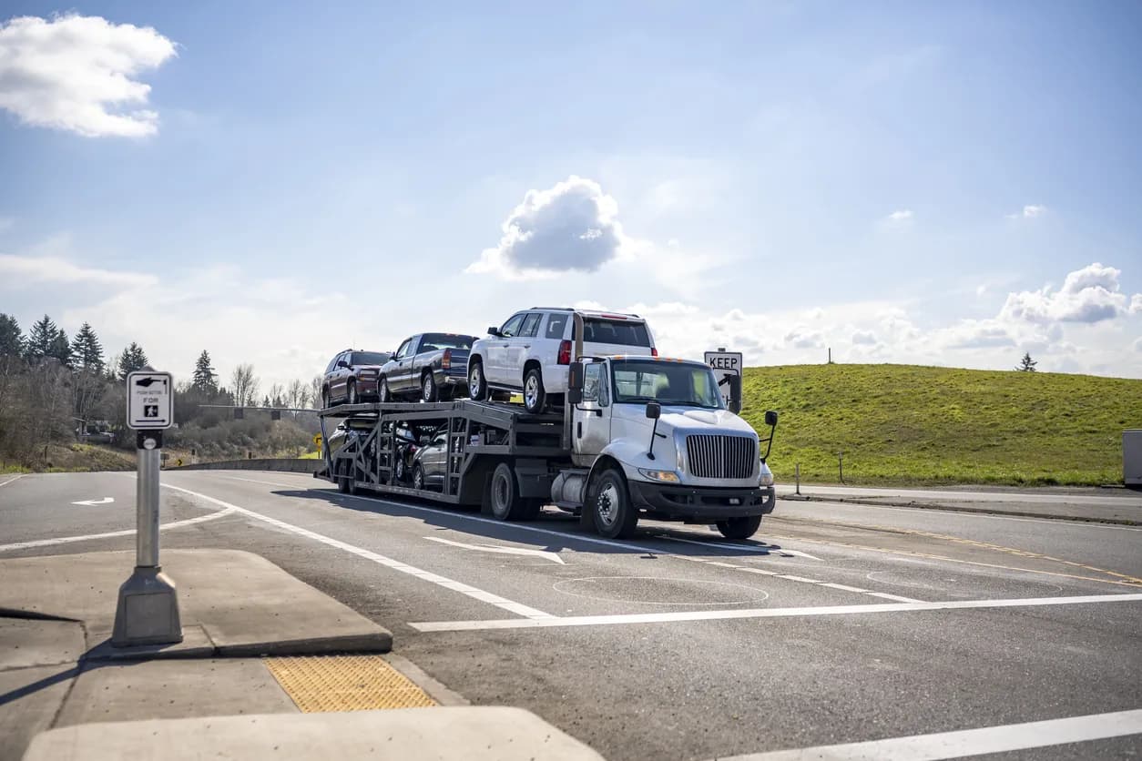 Car transporter truck transporting vehicles on highway - Iowa auto transport