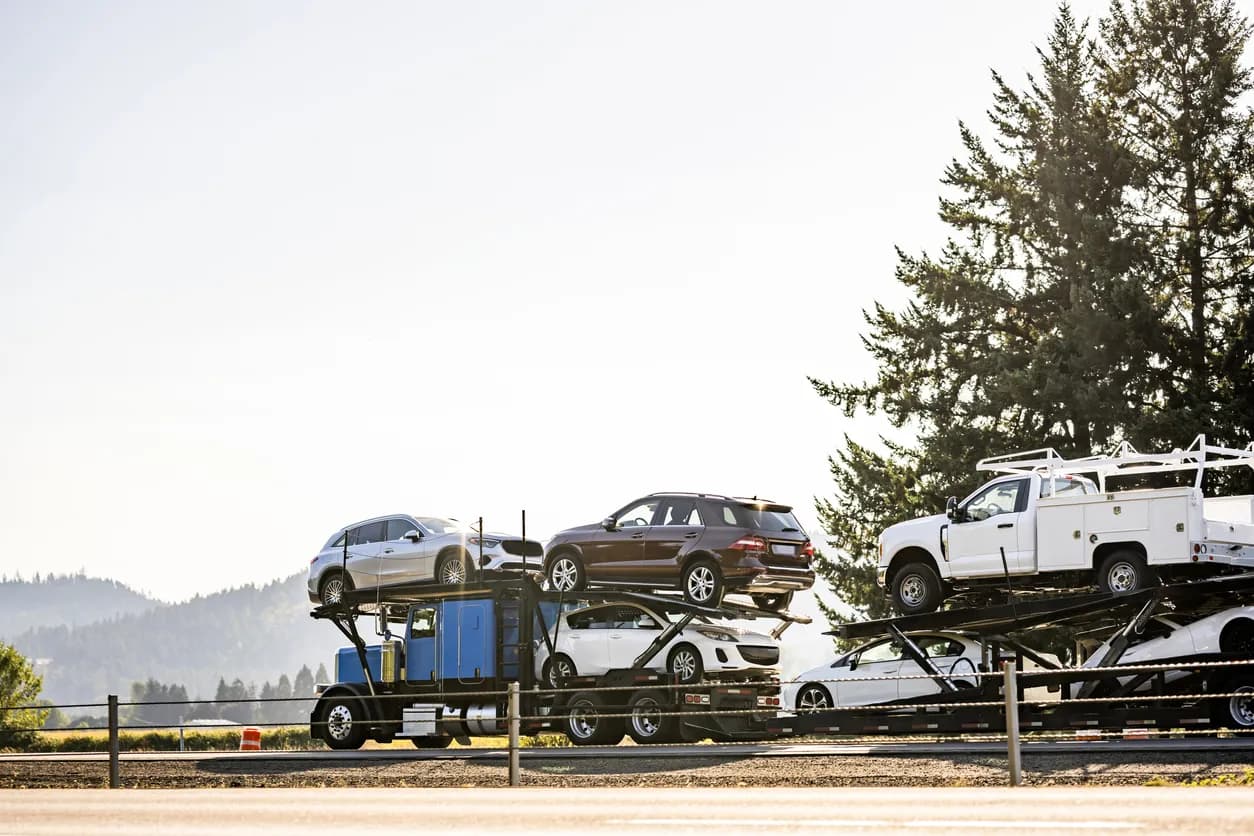 Car transporter truck transporting vehicles in Utah